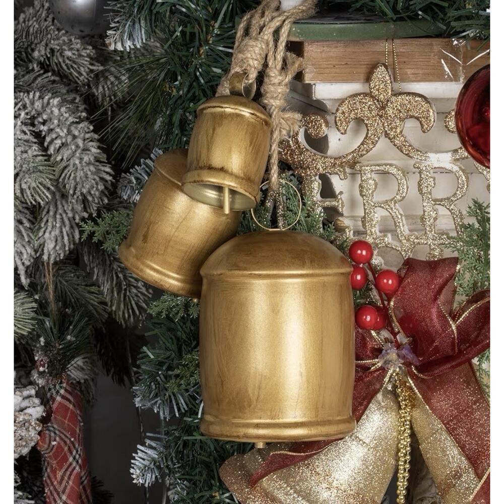 Rustic Metal Christmas Bells Set of 3 Farmhouse Hanging Door Tree Decor - Picture 8 of 8